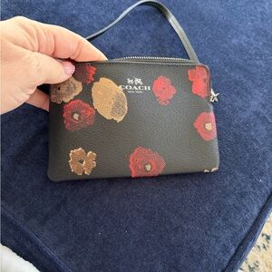Coach Black Wristlet with Red and Tan Floral Design